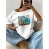 imageVerdusa Womens Off The Shoulder Tee Tops Letter Print Short Sleeve Oversized T ShirtWhite and Blue