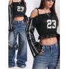 imageVerdusa Womens Y2K Graphic Tees Bow Tie Off Shoulder Crop Tops Flared Sleeve T ShirtBlack