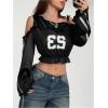 imageVerdusa Womens Y2K Graphic Tees Bow Tie Off Shoulder Crop Tops Flared Sleeve T ShirtBlack