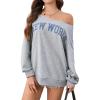 imageVerdusa Womens Letter Graphic Off The Shoulder T Shirts Long Sleeve Loose Sweatshirt Tee TopsGrey