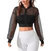 imageVerdusa Womens Mesh Sheer Crop Athletic Jackets Lightweight Long Sleeve Zip Up Jacket OutwearBlack
