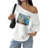 imageVerdusa Womens Off The Shoulder Tee Tops Letter Print Short Sleeve Oversized T ShirtWhite and Blue