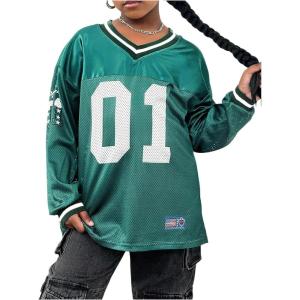 imageVerdusa Girls Jersey Graphic Tees Long Sleeve Oversized Tshirts V Neck Drop Shoulder TopsGreen