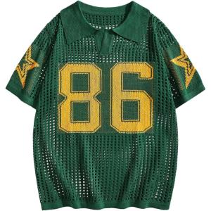 imageVerdusa Mens Jersey Hollow Out Number Graphic Tees Short Sleeve Collared T ShirtDark Green