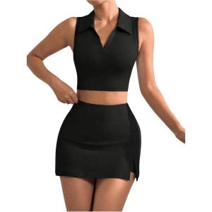 imageVerdusa Womens 2 Piece Solid Sleeveless Crop Tank Top Split Skirts Workout SetsBlack