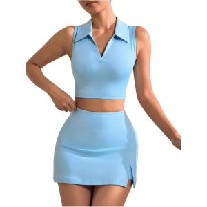 imageVerdusa Womens 2 Piece Solid Sleeveless Crop Tank Top Split Skirts Workout SetsLight Blue