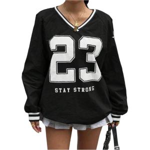 imageVerdusa Womens Graphic Loose Jersey Shirts V Neck Long Sleeve Game Sweatshirts TopBlack