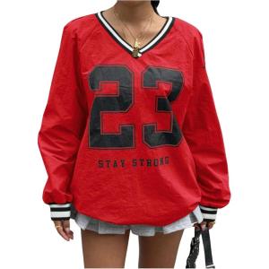 imageVerdusa Womens Graphic Loose Jersey Shirts V Neck Long Sleeve Game Sweatshirts TopRed