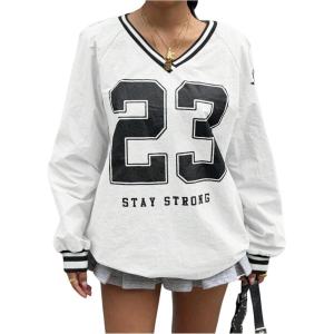 imageVerdusa Womens Graphic Loose Jersey Shirts V Neck Long Sleeve Game Sweatshirts TopWhite