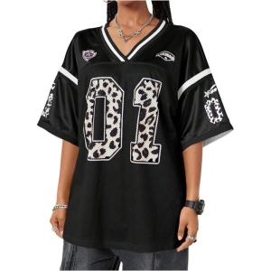 imageVerdusa Womens Jersey Shirt Baggy Shirt Oversized Tshirts Leopard Print V Neck Tshirt Sumer TopsBlack