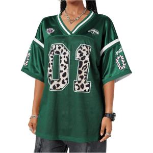imageVerdusa Womens Jersey Shirt Baggy Shirt Oversized Tshirts Leopard Print V Neck Tshirt Sumer TopsGreen