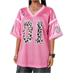 imageVerdusa Womens Jersey Shirt Baggy Shirt Oversized Tshirts Leopard Print V Neck Tshirt Sumer TopsPink
