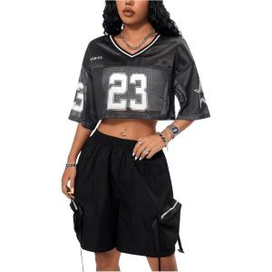imageVerdusa Womens Jersey Shirts Hip Hop V Neck Short Sleeve Mesh Crop Top Graphic TeesBlack