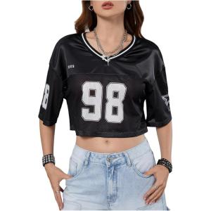 imageVerdusa Womens Jersey Shirts Hip Hop V Neck Short Sleeve Mesh Crop Top Graphic TeesDark Black