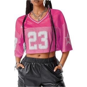 imageVerdusa Womens Jersey Shirts Hip Hop V Neck Short Sleeve Mesh Crop Top Graphic TeesHot Pink