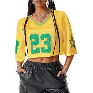 imageVerdusa Womens Jersey Shirts Hip Hop V Neck Short Sleeve Mesh Crop Top Graphic TeesMulticolor