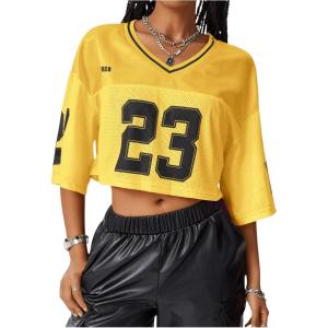 imageVerdusa Womens Jersey Shirts Hip Hop V Neck Short Sleeve Mesh Crop Top Graphic TeesYellow
