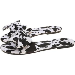 imageVerdusa Womens Leopard Print Sandals Bow Front Open Toe Slip on Flat SandalsBlack and White