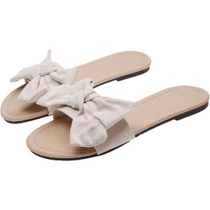 imageVerdusa Womens Leopard Print Sandals Bow Front Open Toe Slip on Flat SandalsWhite