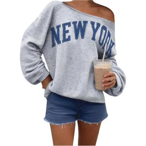 imageVerdusa Womens Letter Graphic Off The Shoulder T Shirts Long Sleeve Loose Sweatshirt Tee TopsLight Grey
