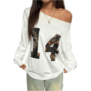 imageVerdusa Womens Letter Graphic Off The Shoulder T Shirts Long Sleeve Loose Sweatshirt Tee TopsWhitegreen