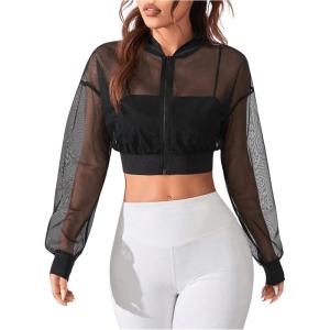 imageVerdusa Womens Mesh Sheer Crop Athletic Jackets Lightweight Long Sleeve Zip Up Jacket OutwearBlack