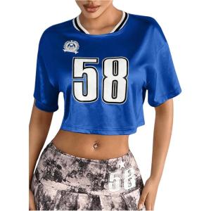 imageVerdusa Womens Metallic Letter Print Crop T Shirt Round Neck Short Sleeve Loose Tee TopRoyal Blue