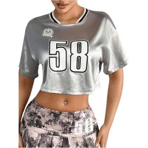 imageVerdusa Womens Metallic Letter Print Crop T Shirt Round Neck Short Sleeve Loose Tee TopSilver