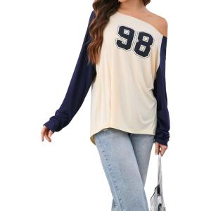 imageVerdusa Womens Off Shoulder Color Block Graphic Tee Shirt Long Raglan Sleeve Scoop Neck Loose Pullover TopMulticolor