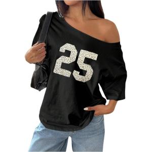 imageVerdusa Womens Off The Shoulder Tee Tops Letter Print Short Sleeve Oversized T ShirtBlack