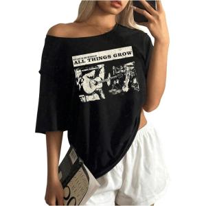 imageVerdusa Womens Off The Shoulder Tee Tops Letter Print Short Sleeve Oversized T ShirtBlack Beige