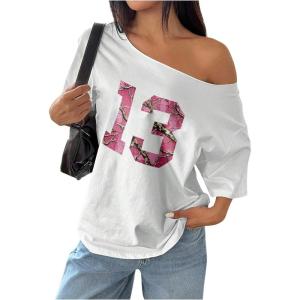 imageVerdusa Womens Off The Shoulder Tee Tops Letter Print Short Sleeve Oversized T ShirtPink White