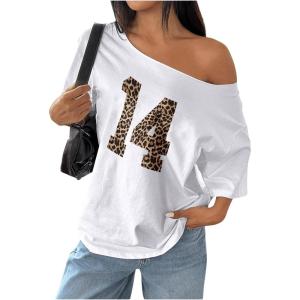 imageVerdusa Womens Off The Shoulder Tee Tops Letter Print Short Sleeve Oversized T ShirtWhite Brown