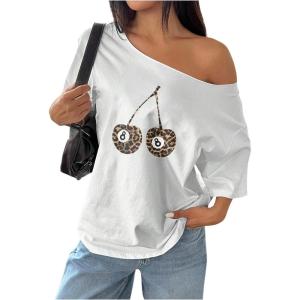 imageVerdusa Womens Off The Shoulder Tee Tops Letter Print Short Sleeve Oversized T ShirtWhite Cherry
