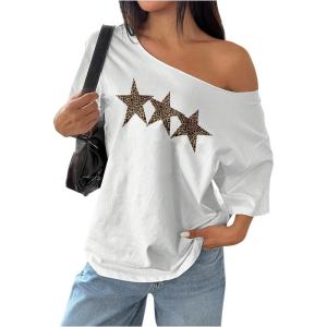 imageVerdusa Womens Off The Shoulder Tee Tops Letter Print Short Sleeve Oversized T ShirtWhite Star
