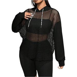 imageVerdusa Womens Plus Size Fishnet Hoodies Long Sleeve Casual Patchwork Mesh Sheer Hooded SweatshirtBlack