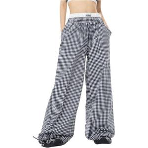 imageVerdusa Womens Striped Wide Leg Elastic High Waisted Casual Pants with PocketsBlack Plaid