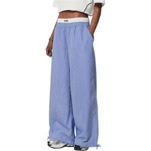 imageVerdusa Womens Striped Wide Leg Elastic High Waisted Casual Pants with PocketsBlue and White