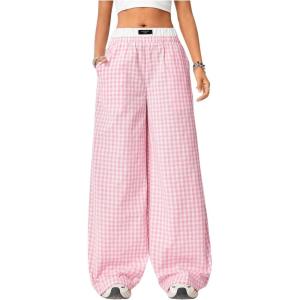 imageVerdusa Womens Striped Wide Leg Elastic High Waisted Casual Pants with PocketsPink Plaid