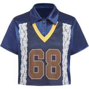 imageVerdusa Womens Y2K Contrast Lace Jersey Shirts Button Collared 2 in 1 Crop TopsBlue