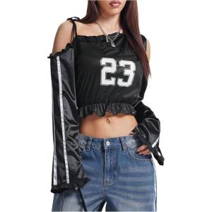 imageVerdusa Womens Y2K Graphic Tees Bow Tie Off Shoulder Crop Tops Flared Sleeve T ShirtBlack