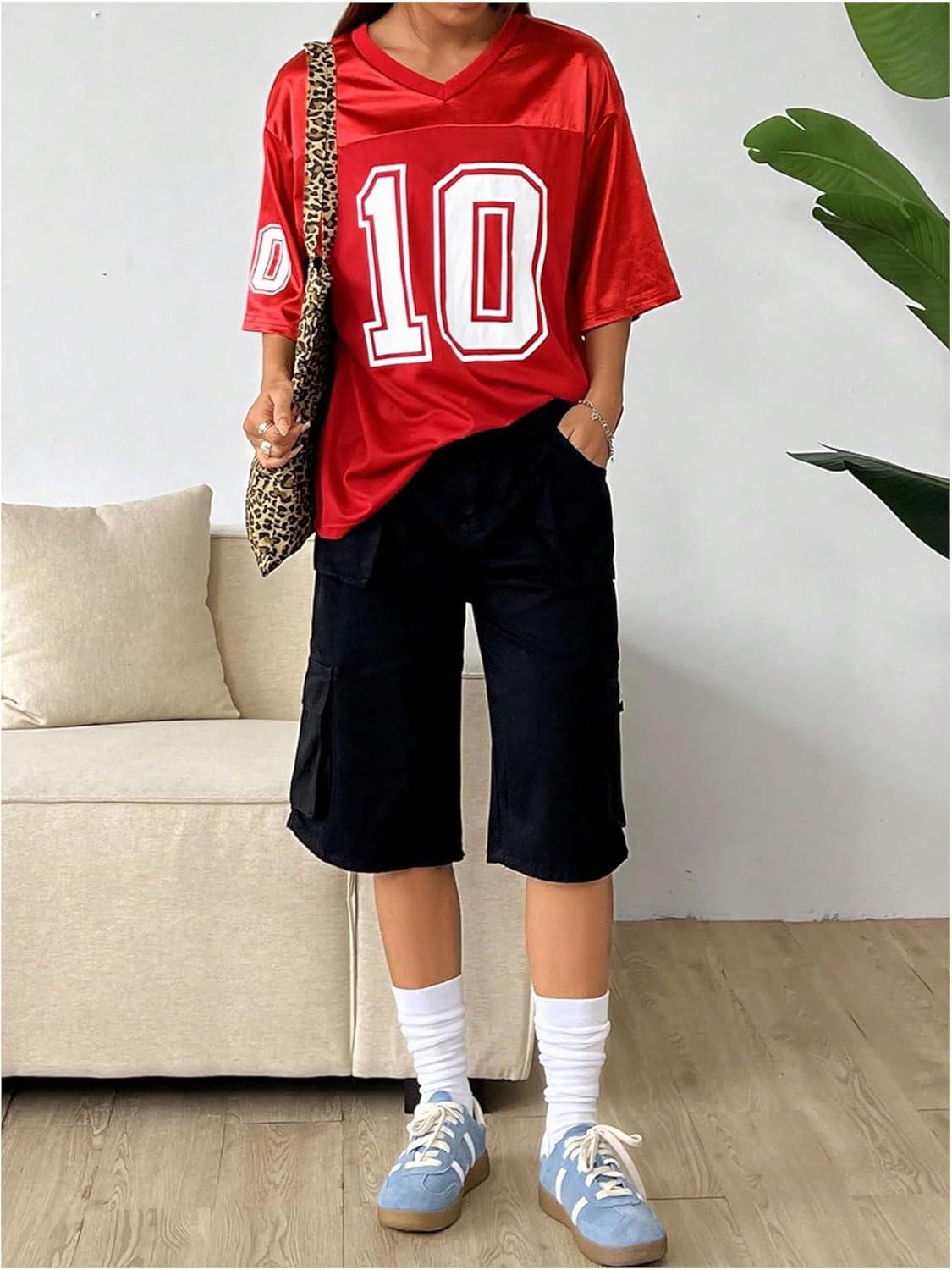 imageVerdusa Womens Oversized Jersey Shirt Graphic Tees V Neck Short Sleeve Vintage T ShirtsRed