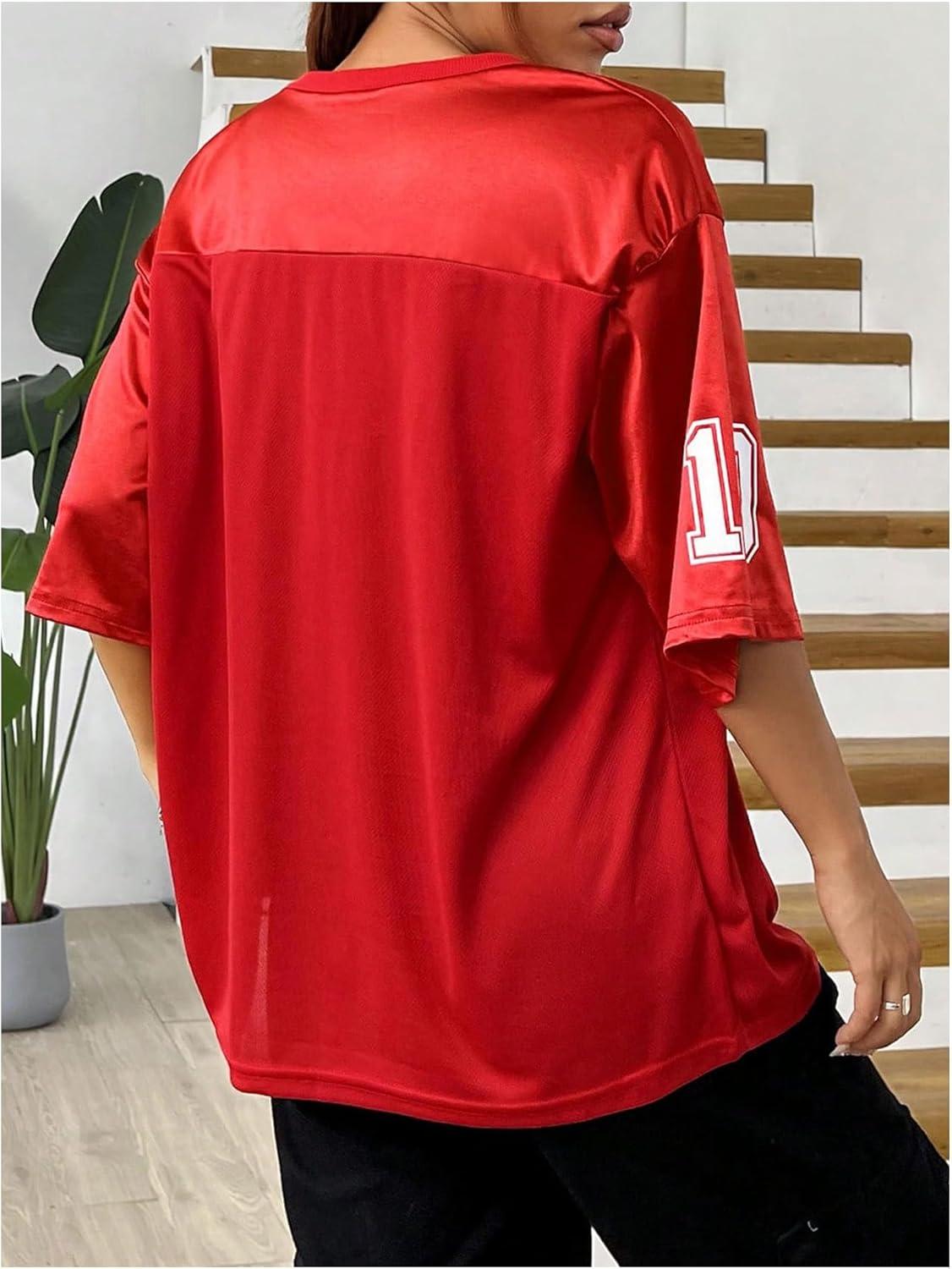 imageVerdusa Womens Oversized Jersey Shirt Graphic Tees V Neck Short Sleeve Vintage T ShirtsRed