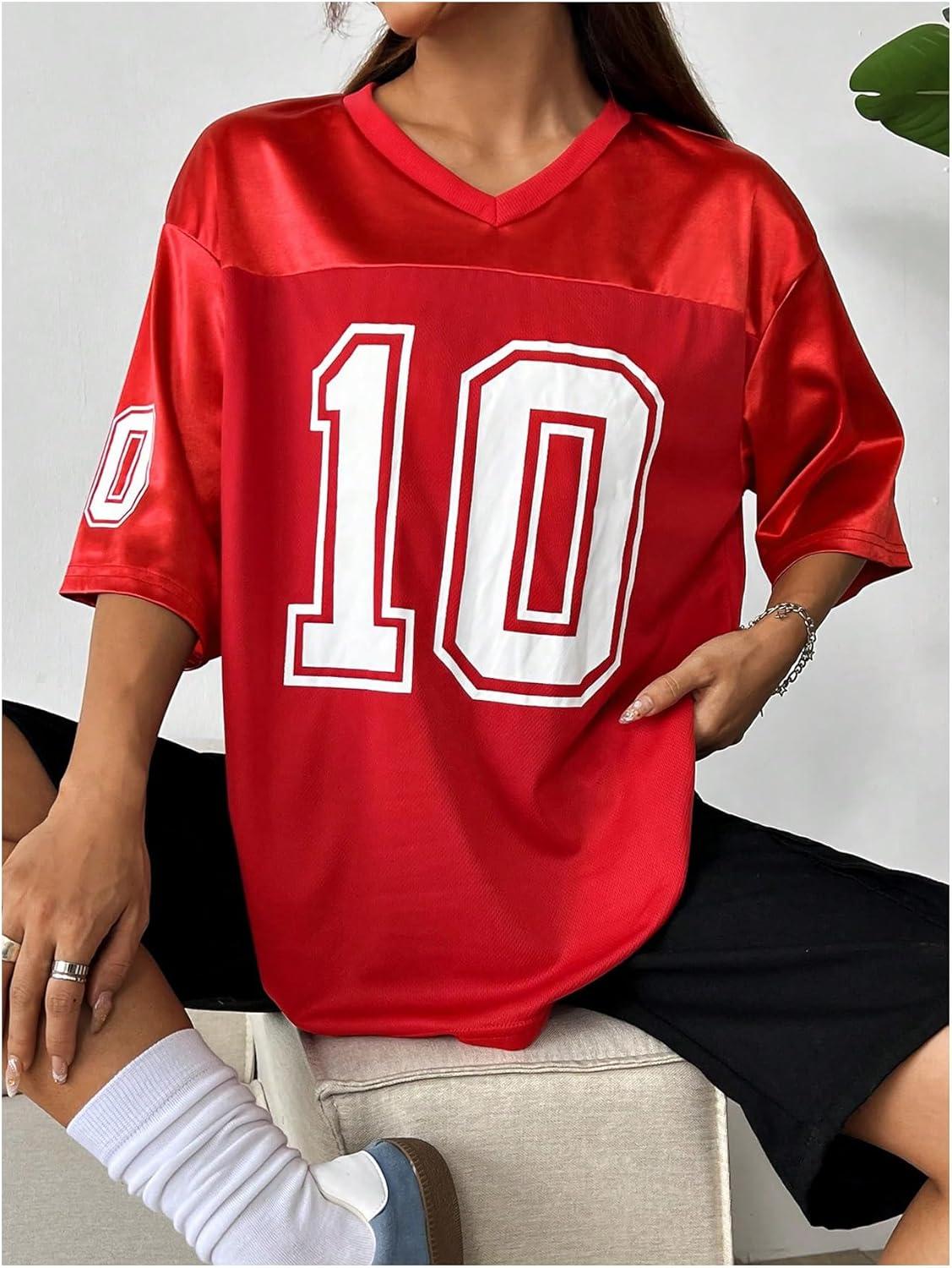 imageVerdusa Womens Oversized Jersey Shirt Graphic Tees V Neck Short Sleeve Vintage T ShirtsRed