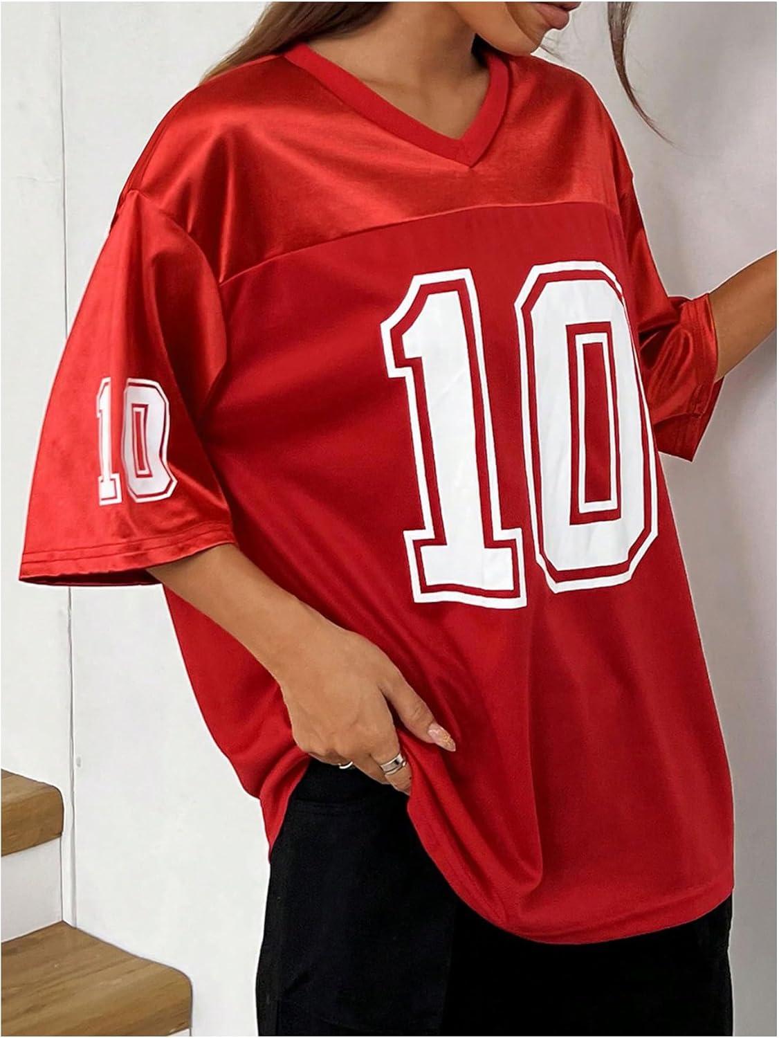 imageVerdusa Womens Oversized Jersey Shirt Graphic Tees V Neck Short Sleeve Vintage T ShirtsRed
