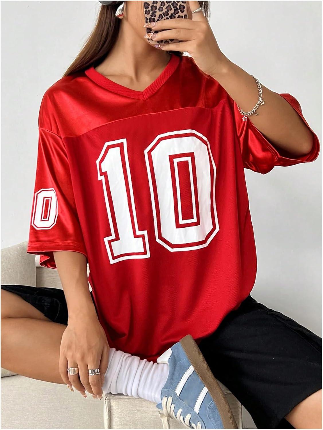 imageVerdusa Womens Oversized Jersey Shirt Graphic Tees V Neck Short Sleeve Vintage T ShirtsRed