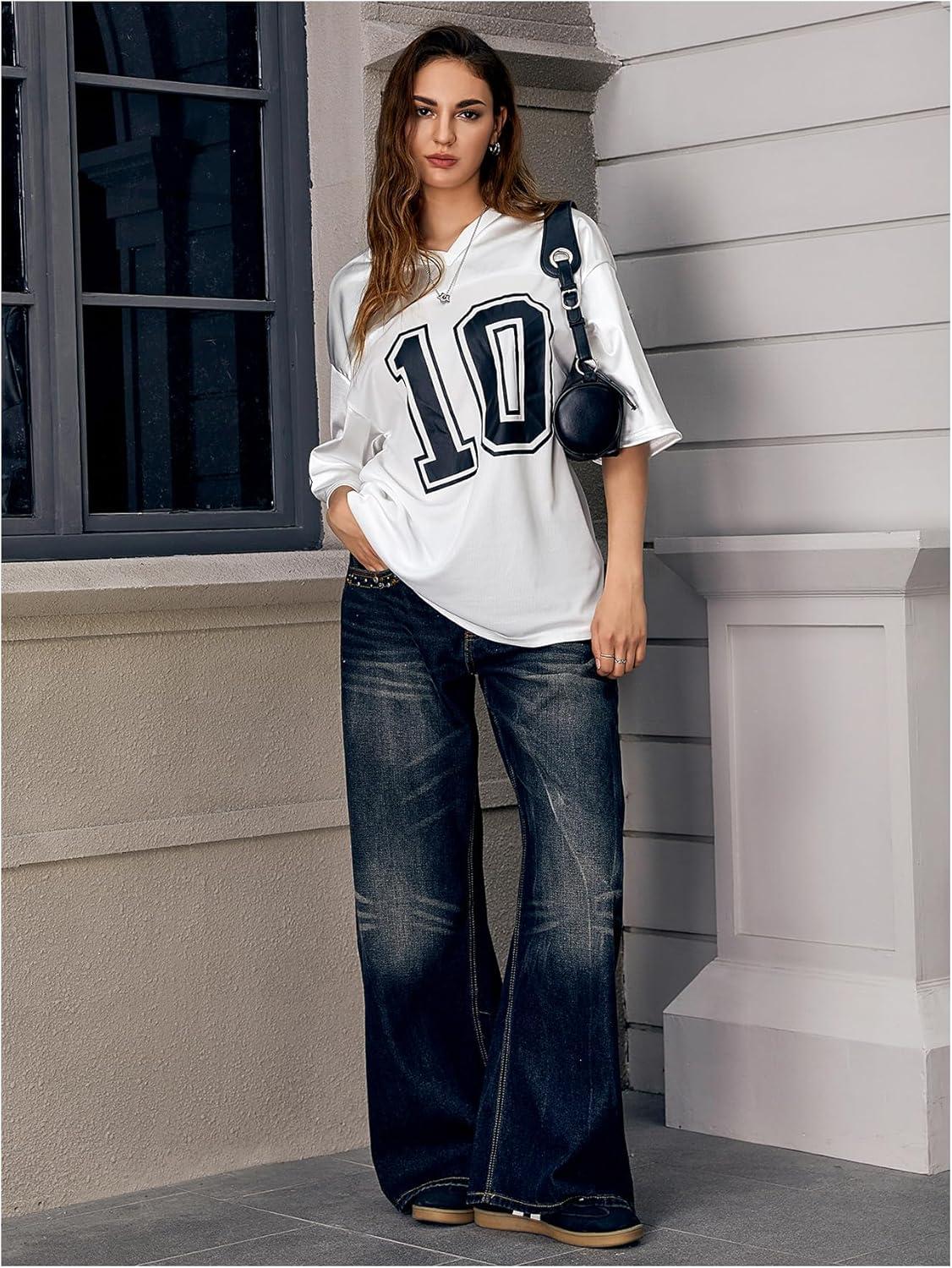imageVerdusa Womens Oversized Jersey Shirt Graphic Tees V Neck Short Sleeve Vintage T ShirtsWhite