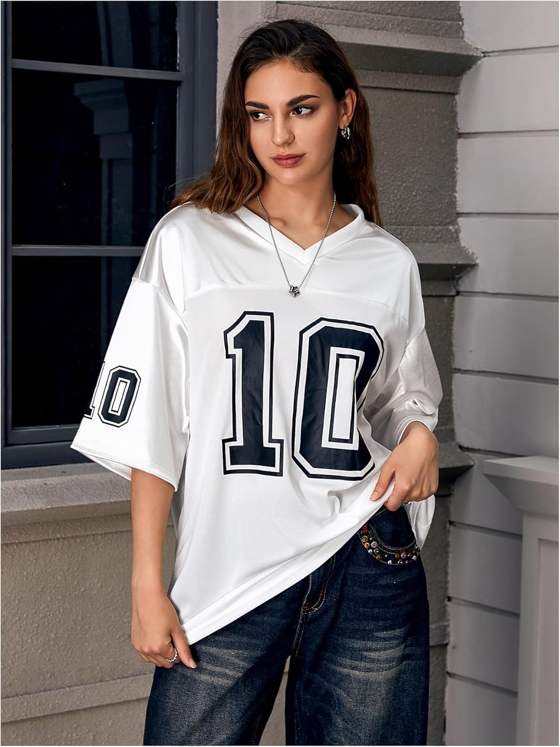 imageVerdusa Womens Oversized Jersey Shirt Graphic Tees V Neck Short Sleeve Vintage T ShirtsWhite