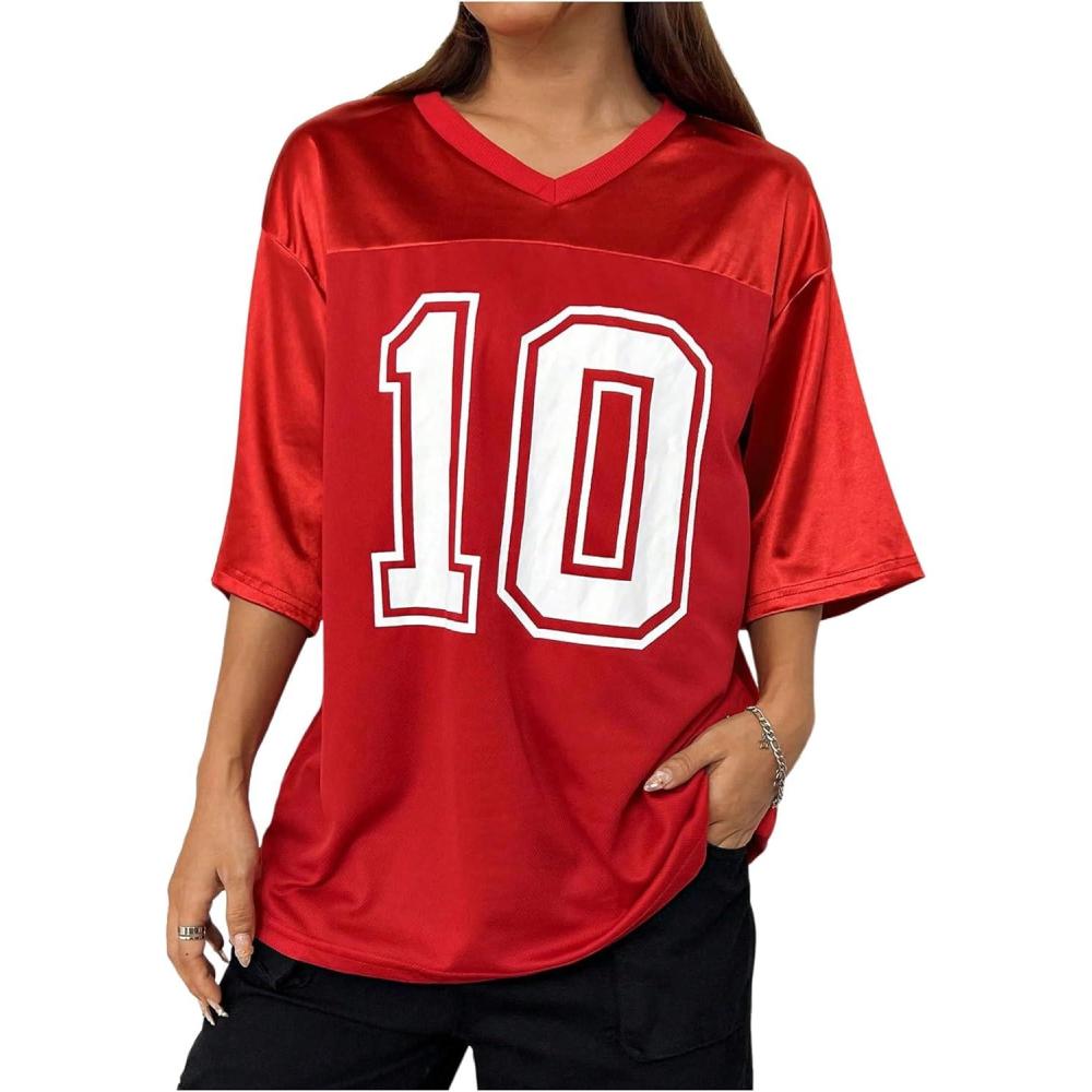 imageVerdusa Womens Oversized Jersey Shirt Graphic Tees V Neck Short Sleeve Vintage T ShirtsRed