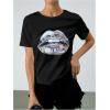 imageVerdusa Womens Lips Print Summer Goth Short Sleeve Crop Top Crew Neck Graphic TeeBlack